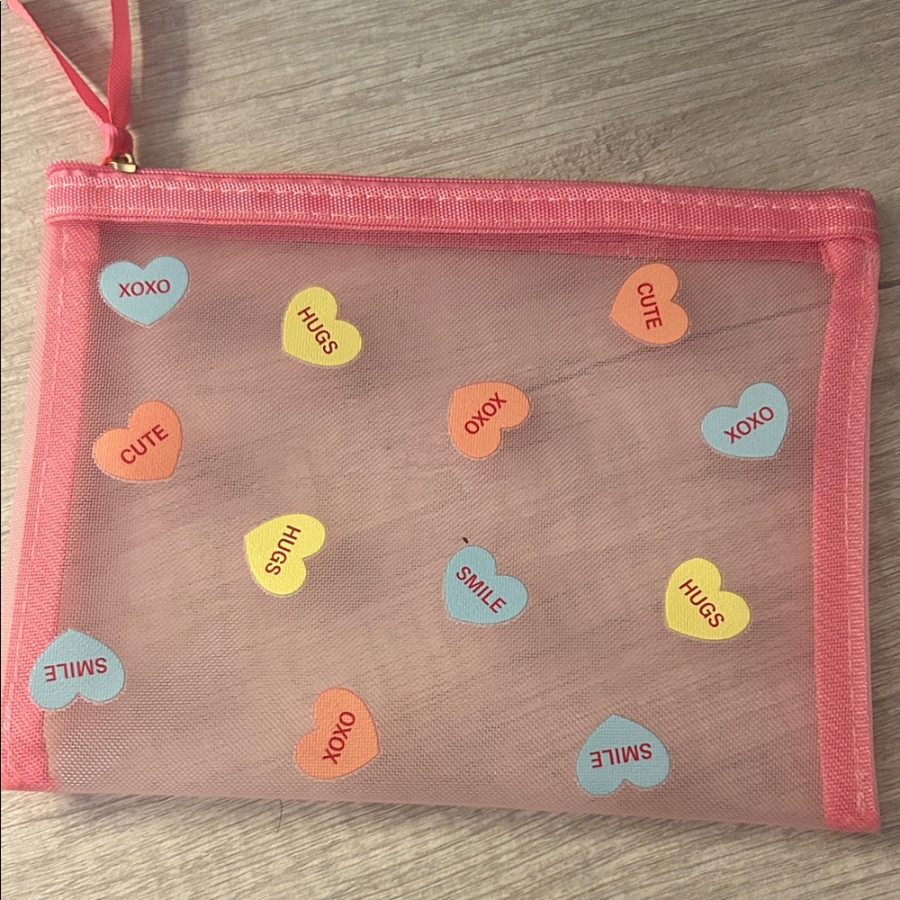 Pink Mesh Pouch with Heart Accents